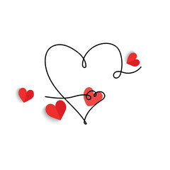 Continuous line drawing of a heart, black and white vector minimalist love concept illustration. Set.