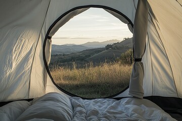 The view from inside the tent, through its circular window, of rolling hills and distant mountains in twilight