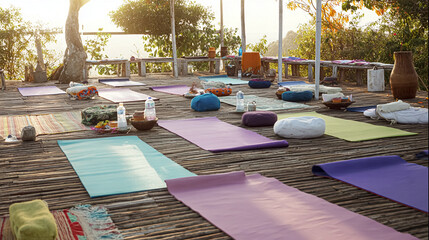A rolled up yoga mat and water. Do yoga in the room.