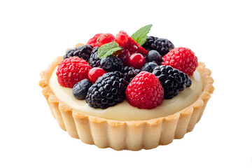 Fresh fruit tart with berries and cream. Delicious tart topped with whipped cream and fresh berries, including strawberries and blueberries, isolated on a white background.
