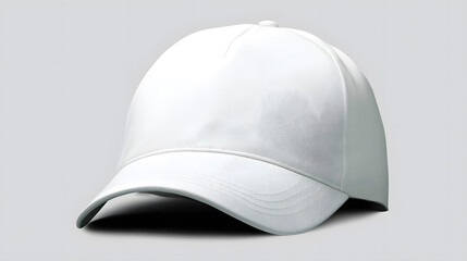 Fototapeta premium White blank baseball cap template, isolated on a light background. Ideal for branding, fashion, or print design presentations.