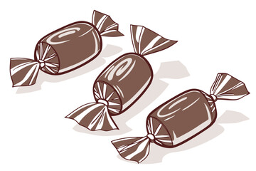 Scattered wrapped caramel candies on a clean white background
