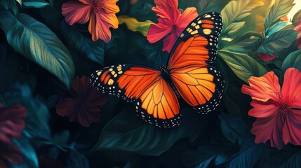 Monarch Butterfly in Floral Paradise: A breathtakingly vibrant monarch butterfly gracefully rests amidst a tapestry of lush green foliage and brilliantly colored flowers.