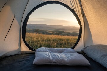 The view from inside the tent, through its circular window, of rolling hills and distant mountains in twilight.