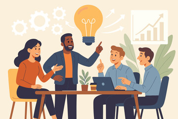 Business meeting and brainstorming session. Diverse team collaboration for creative ideas and innovation. Startup growth concept with a lightbulb and chart. Teamwork and strategy.