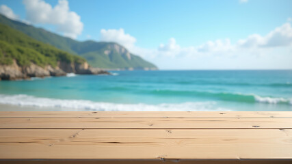 Warm sunlight highlights textured wooden planks in sharp focus, blending into a dreamy blurred background of blue waves, rocky coastlines, lush hills, and a bright sky with fluffy white clouds.