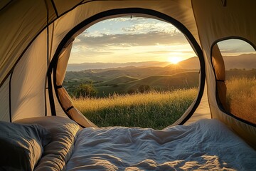 The view from inside the tent, through its circular window, of rolling hills and distant mountains in twilight