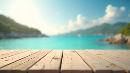 Warm sunlight highlights textured wooden planks in sharp focus, blending into a dreamy blurred background of blue waves, rocky coastlines, lush hills, and a bright sky with fluffy white clouds.