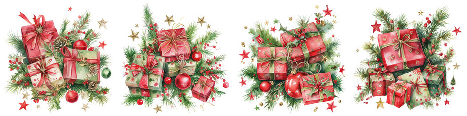 Decorative Christmas gift boxes with red ribbons and greenery  