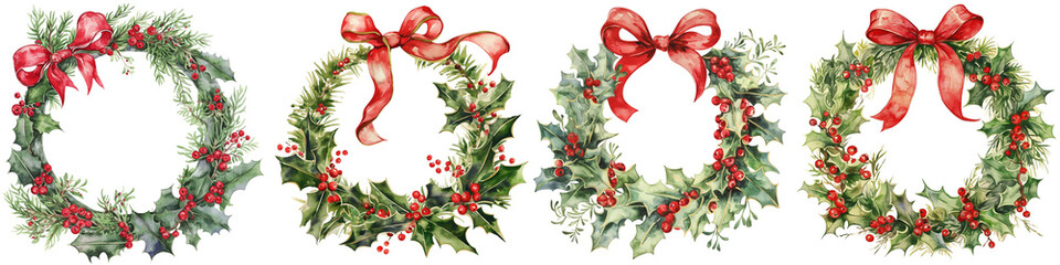 Four colorful Christmas wreaths decorated with red ribbons and berries  