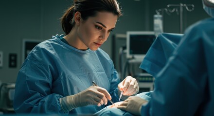 Surgical procedure in a modern operating room with a focused surgeon performing an incision
