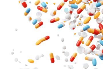 Colorful assortment of pills and capsules scattered on transparent background, showcasing different shapes and sizes popular in health and wellness sectors