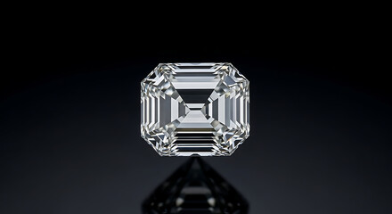 Brilliant Emerald Cut Diamond on Dark Reflective Surface, 
Exquisite Single Gemstone: Emerald Cut Precious Jewel, Investment Grade Diamond with Exceptional Clarity.