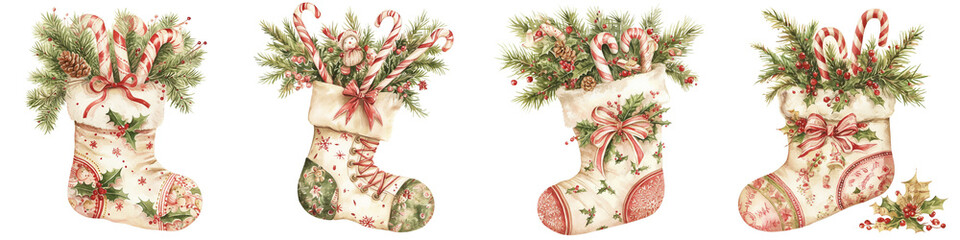 Decorative Christmas stockings filled with greenery and berries  