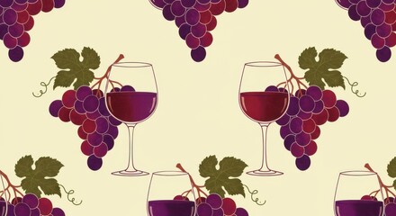 Fototapeta premium Stylized Wine and Grape Pattern: Elegant Wine Glasses and Purple Grapes on Cream Background