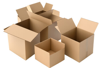 Fototapeta premium Collection of open cardboard boxes arranged in various sizes and orientations on a neutral background suitable for shipping or storage purposes