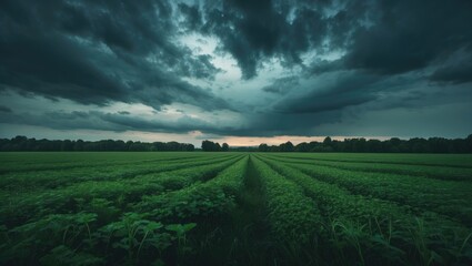 A lush green field under dramatic dark clouds before a storm. Agricultural landscape with vibrant crop rows and an ominous sky.
