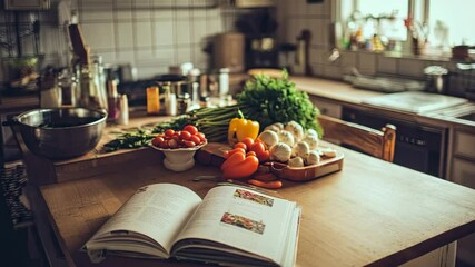 Colorful vegetables and an open cookbook are arranged on a rustic kitchen table, illuminated by warm natural light, creating a cozy cooking atmosphere