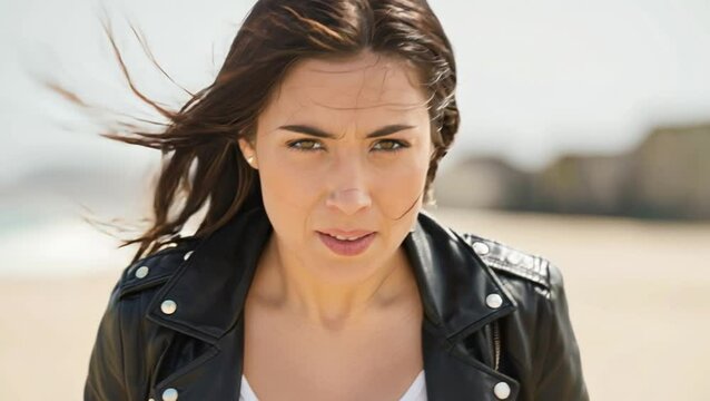 Person clenches fists and steps forward in windy scene	