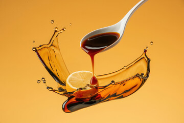 Dramatic soy sauce splash with lemon slice and white spoon on vibrant orange background in high-speed macro food photography