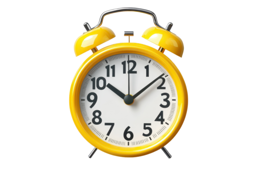 Bright yellow alarm clock displaying time on a white background, emphasizing the importance of punctuality and time management