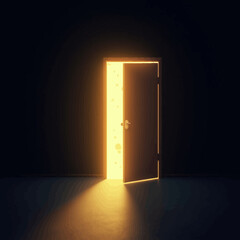 Dark mysterious room with an open door glowing with bright golden light shining through the darkness.
