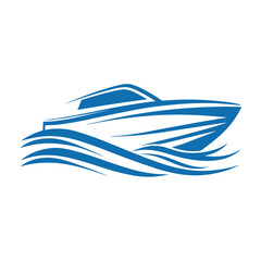 Sleek blue speedboat cutting through stylized waves water