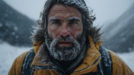 Rugged Mountaineer with Frosted Beard and Icy Eyebrows Amid Falling Snow