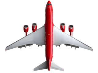 Top down view of a modern red and white passenger jet airplane isolated on transparent