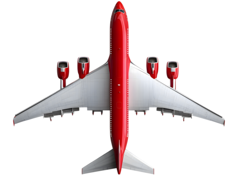 Top down view of a modern red and white passenger jet airplane isolated on transparent