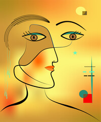 A stylized abstract face is depicted with bold outlines and geometric shapes on a warm gradient background. The composition includes elements like circles and lines, adding a modern and surreal touch.