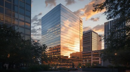 Reflective office towers from base upward, glowing lights just turning on, warm golden hour sky above