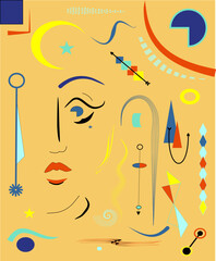 stylized face, surrounded by a playful mix of symbols and colors. The composition features crescents, triangles, and circles on a warm background, creating a sense of dynamic movement.