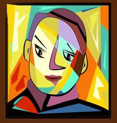  face composed of angular shapes and vibrant hues. The background contains a mix of warm and cool colors, creating a dynamic and engaging visual effect.