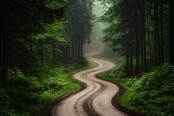 Naklejka premium Serpentine dirt road winding through a lush green forest on a misty morning