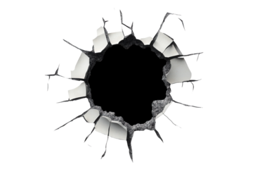 Bullet hole in a wall with detailed cracks and isolated background showcasing damage