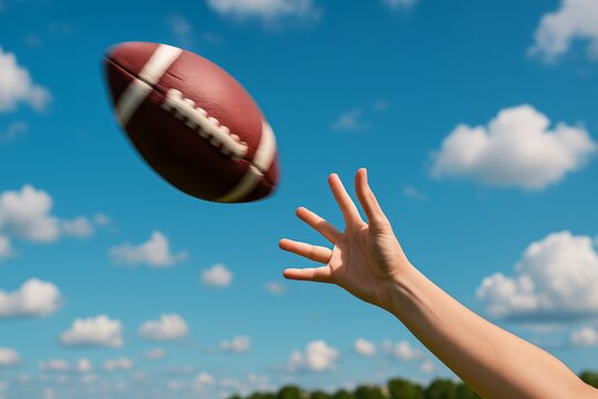 American Football Toss Hand Reaching for Flying Ball Against Blue Sky and Clouds