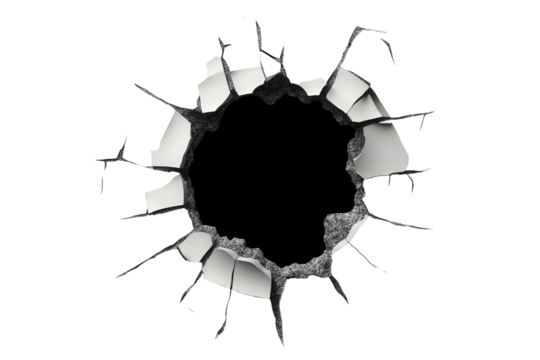 Bullet hole in a wall with detailed cracks and isolated background showcasing damage
