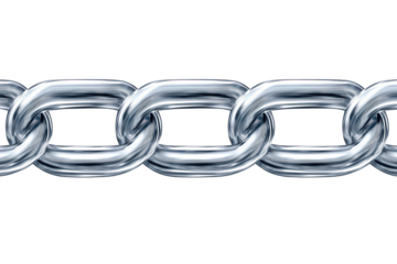 Silver metal chain cut out displaying links on a transparent background for design, decoration, or industrial purposes in various contexts