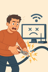 Man Cutting Internet Cable Causing Connection Error, Disrupted WiFi, No Signal, 404 Page Not Found, Network Failure, Sad Computer Screen, Online Disconnection, Vector Cartoon Illustration