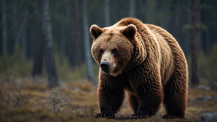 A large bear in a forested area with trees and undergrowth.