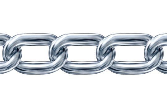 Silver metal chain cut out displaying links on a transparent background for design, decoration, or industrial purposes in various contexts