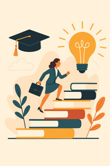 Businesswoman Climbing Books Toward Lightbulb Idea, Education Success Concept, Career Growth, Graduation Cap, Knowledge Path, Professional Development, Achievement, Motivation Vector Illustration
