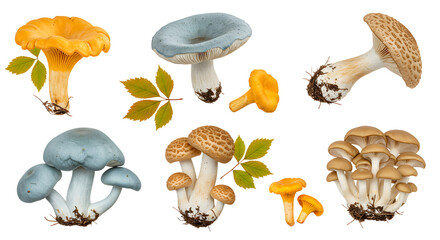 A vibrant collection of various mushrooms with colorful caps and surrounding leaves, showcasing nature's diversity