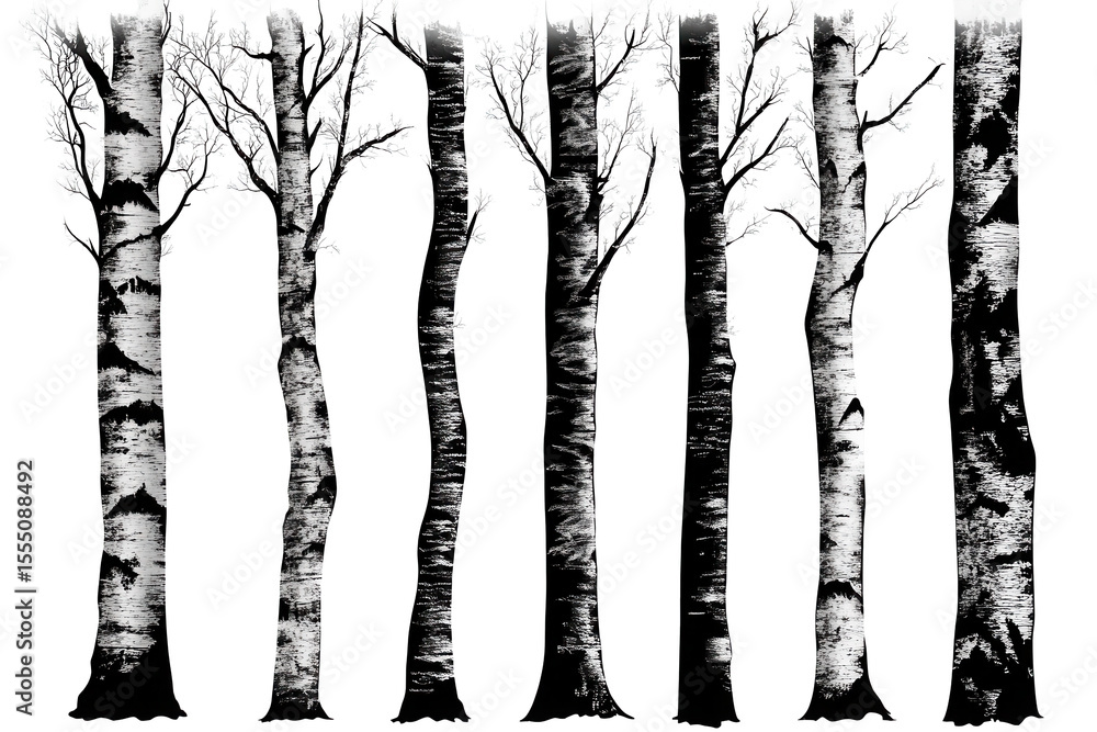 Poster birch tree trunks with distinct textures standing tall in a forest setting during late afternoon lig