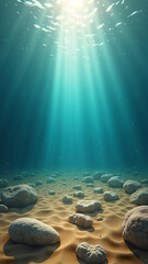 A high-resolution underwater view showcasing sunlight forming vibrant caustic patterns over a textured sandy seabed, scattered with natural stones, pebbles, and gently floating particles.
