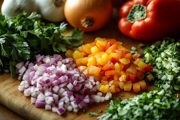 Freshly chopped red onion bell peppers cucumber and parsley arranged on a wooden cutting board