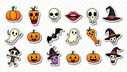 Collection of cute Halloween doodle stickers including pumpkins, skulls, ghosts, bats, hats and spooky icons.