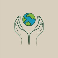 Hands holding floating planet — minimal sketch line vector on craft background
