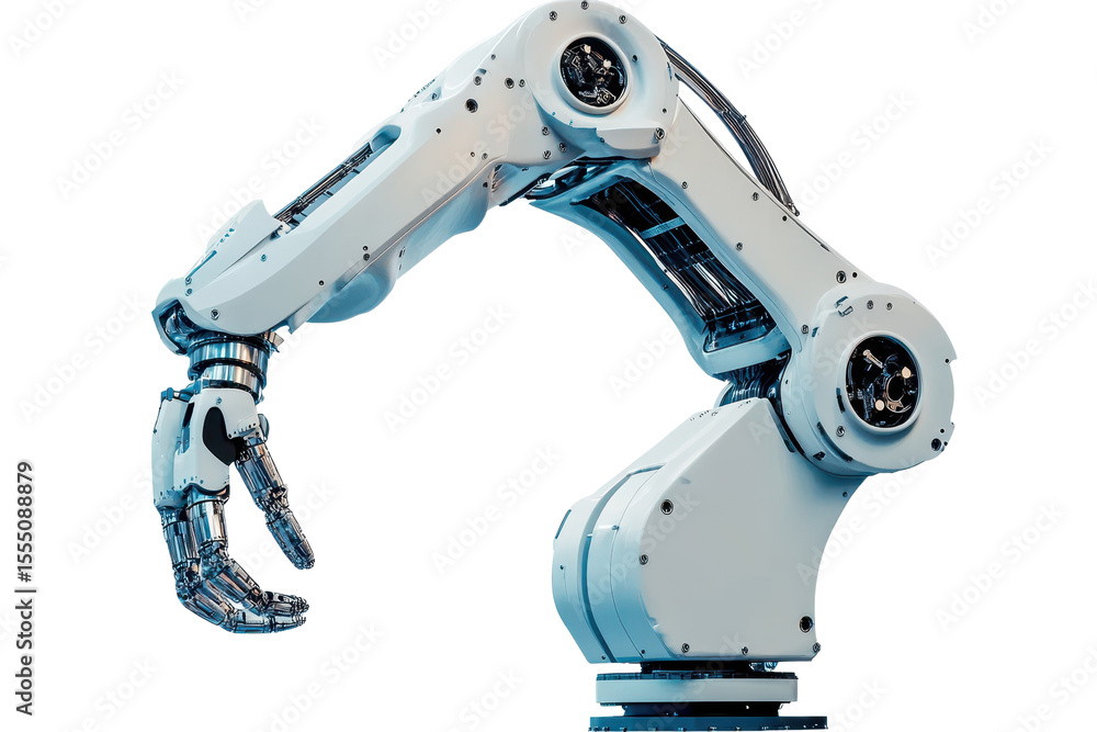 Poster industrial robot arm design showcasing advanced mechanics and precision engineering processes in a m